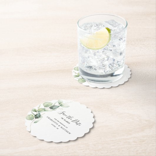 ユーカリ緑の結婚式の日付を保存 ペーパーコースター (インサイチュ)