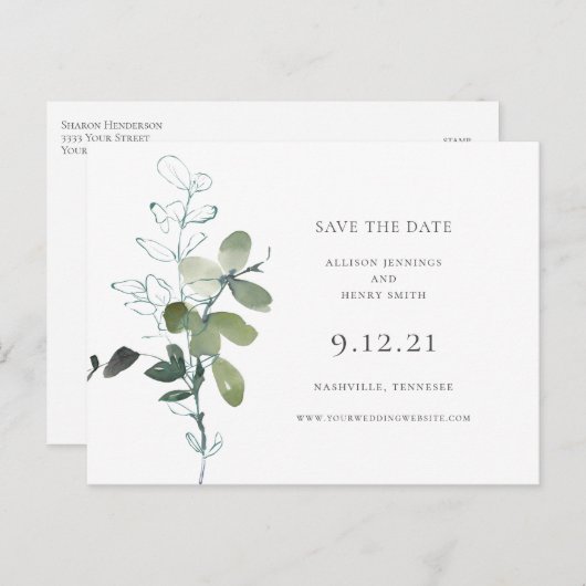 ユーカリ緑の結婚式の日付を保存 案内ポストカード (正面/裏面)