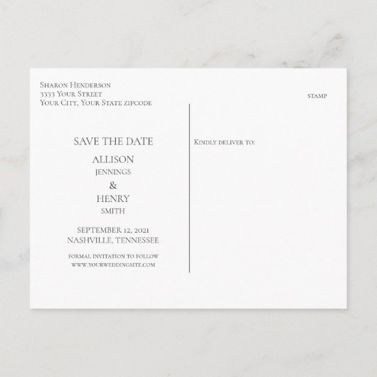 ユーカリ緑の結婚式の日付を保存 案内ポストカード (裏面)