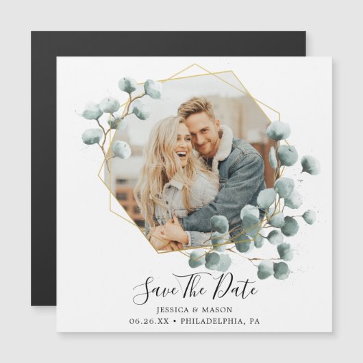 ユーカリ緑の結婚式の日付磁石を保存 マグネット招待状 (正面/裏面)