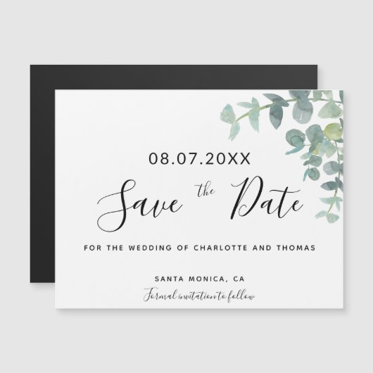 ユーカリ緑の結婚式は日付磁石を保存 (正面/裏面)