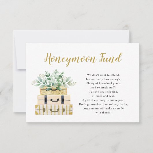 ユーカリ緑の荷物ハネムーンファンドカード 招待状 (正面)