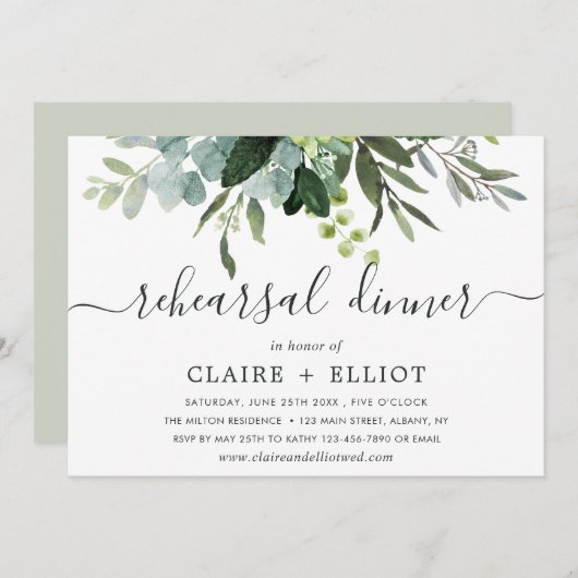 ユーカリ緑の葉のリハーサルディナー 招待状 (正面/裏面)