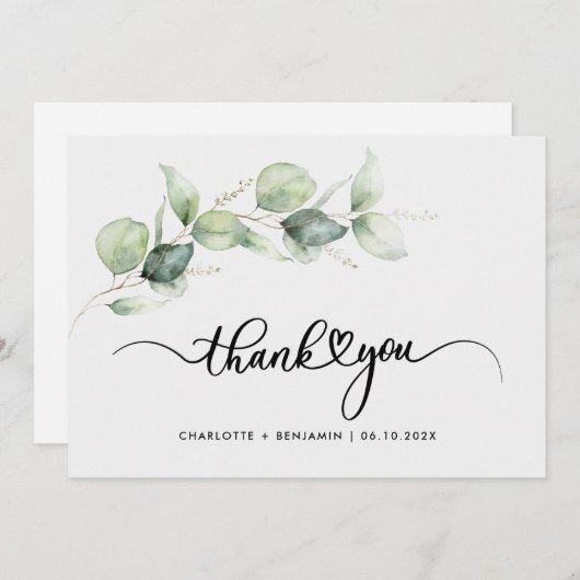 ユーカリ緑の葉の手書き結婚の サンキューカード (正面/裏面)