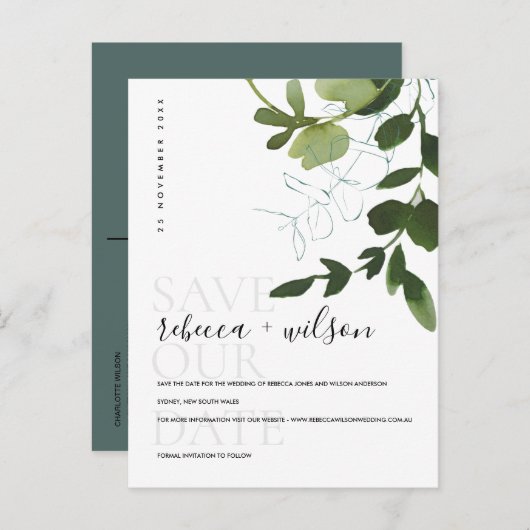 ユーカリ緑の葉の水色日付を保存 案内ポストカード (正面/裏面)