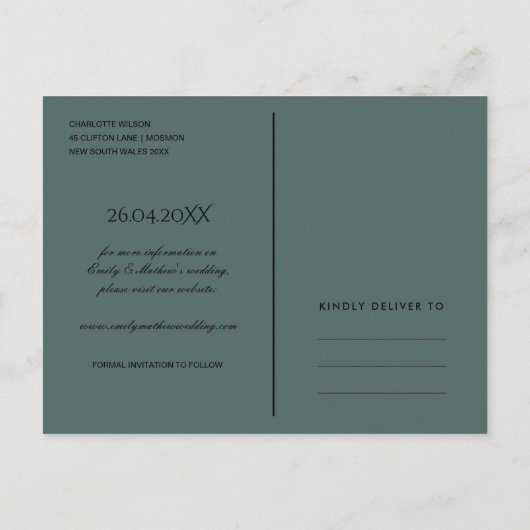 ユーカリ緑の葉の水色日付を保存 案内ポストカード (裏面)