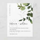 ユーカリ緑の葉の水色日付を保存 案内ポストカード (正面)