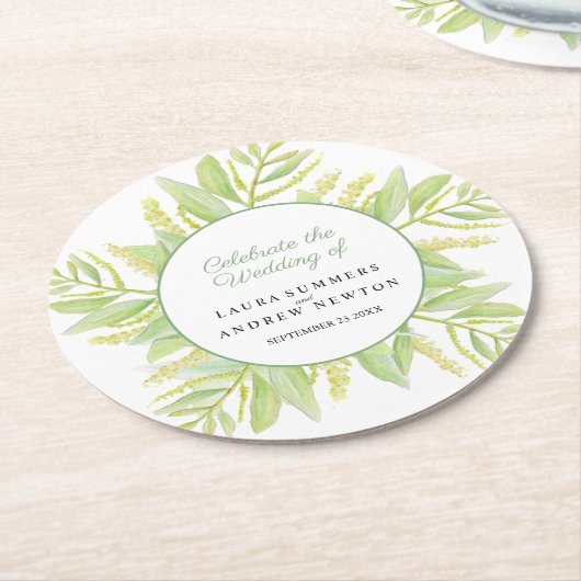 ユーカリ緑の葉水色のカスタムウェディング ラウンドペーパーコースター (アングル)