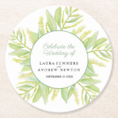 ユーカリ緑の葉水色のカスタムウェディング ラウンドペーパーコースター (正面)