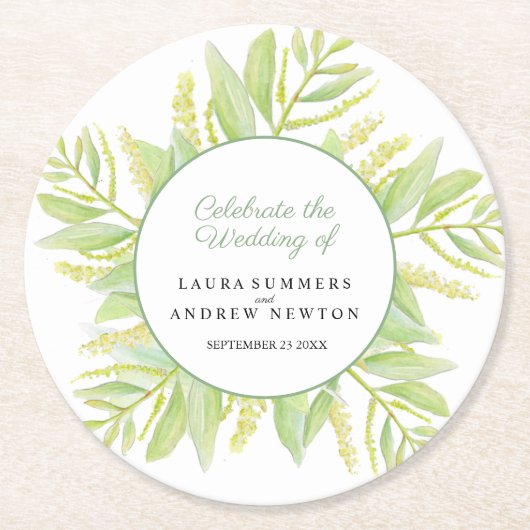 ユーカリ緑の葉水色のカスタムウェディング ラウンドペーパーコースター (正面)