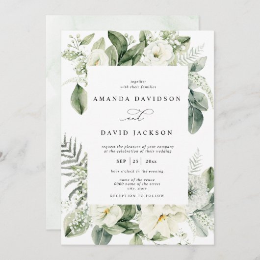 ユーカリ緑の葉白いフローラ結婚ズ 招待状 (正面/裏面)