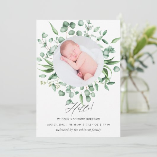 ユーカリ緑の誕生発表フォトカード 案内状 (スタンド正面)