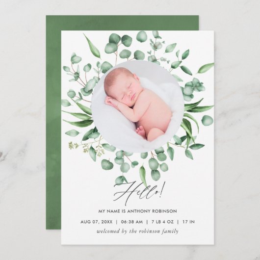 ユーカリ緑の誕生発表フォトカード 案内状 (正面/裏面)