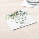 ユーカリ緑の赤ちゃんシャワー スクエアペーパーコースター (アングル)