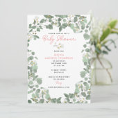 ユーカリ緑の赤ちゃん女の子ピンク赤ちゃんシャワー 招待状 (スタンド正面)