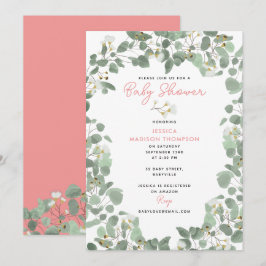ユーカリ緑の赤ちゃん女の子ピンク赤ちゃんシャワー 招待状
