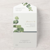 ユーカリ緑の金ゴールドの葉の水色結婚の オールインワン招待状 (外側)