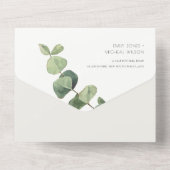 ユーカリ緑の金ゴールドの葉の水色結婚の オールインワン招待状 (裏面)