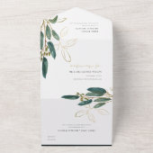 ユーカリ緑の金ゴールドの葉の水色結婚のA オールインワン招待状 (外側)