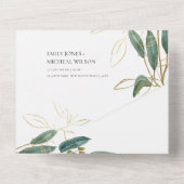 ユーカリ緑の金ゴールドの葉の水色結婚のA オールインワン招待状 (裏面)