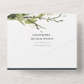 ユーカリ緑の金ゴールドの葉の水色結婚のA オールインワン招待状 (裏面)