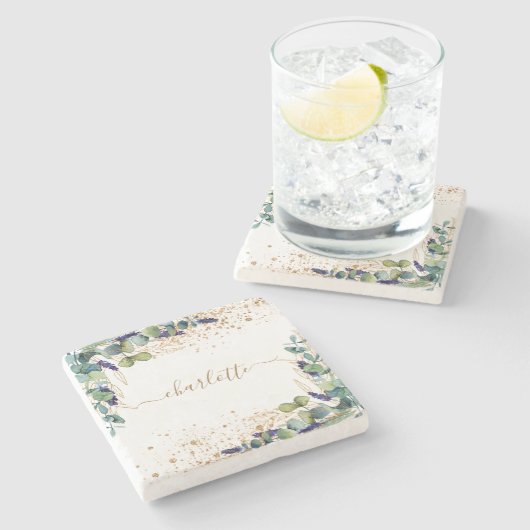 ユーカリ緑の金ゴールドグリッター名スクリプト ストーンコースター (横)