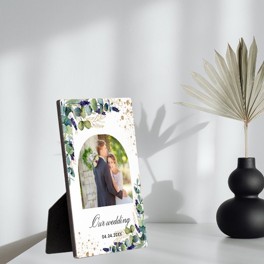 ユーカリ緑の金ゴールドグリッター結婚写真 フォトプラーク