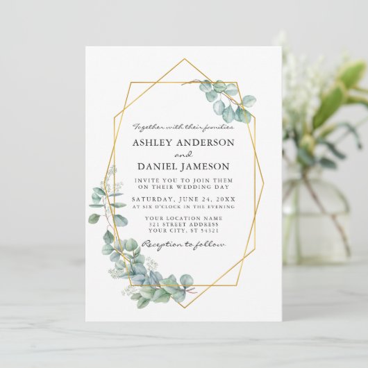 ユーカリ緑の金ゴールドフレーム結婚写真 招待状 (スタンド正面)