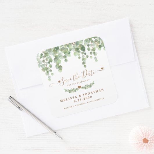 ユーカリ緑の金ゴールド結婚式の日付を保存 スクエアシール (封筒)