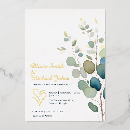 ユーカリ緑の金ゴールドQRコードウェディング招待 箔シーズンカード (正面)