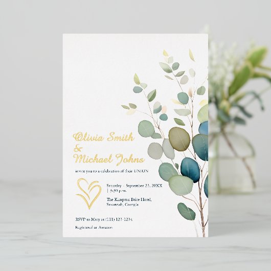 ユーカリ緑の金ゴールドQRコードウェディング招待 箔シーズンカード (立ち正面)