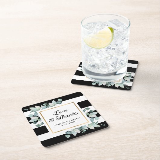 ユーカリ緑の黒白結婚の スクエアペーパーコースター (インサイチュ)