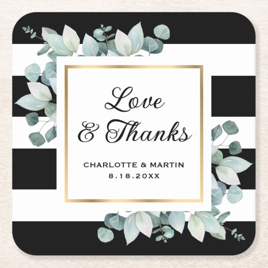 ユーカリ緑の黒白結婚の スクエアペーパーコースター (正面)