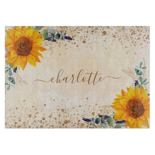 ユーカリ緑ひまわりバラ金ゴールドグリッター カッティングボード (正面)