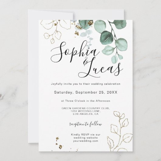 ユーカリ緑エレガントの金ゴールド結婚葉 招待状 (正面)
