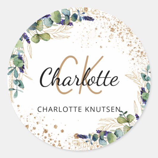 ユーカリ緑グリッターモノグラム感謝していユーザ ラウンドシール (正面)