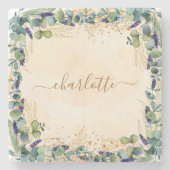 ユーカリ緑バラ金ゴールドグリッター名 ストーンコースター (正面)