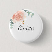 ユーカリ緑バラ金ゴールドフローラ名タグ 缶バッジ (正面)