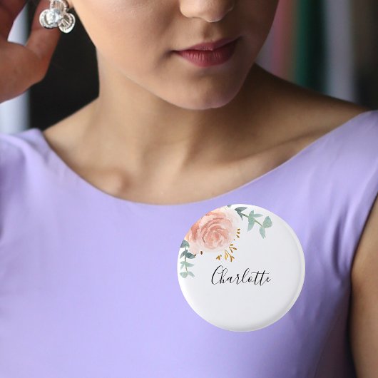 ユーカリ緑バラ金ゴールドフローラ名タグ 缶バッジ