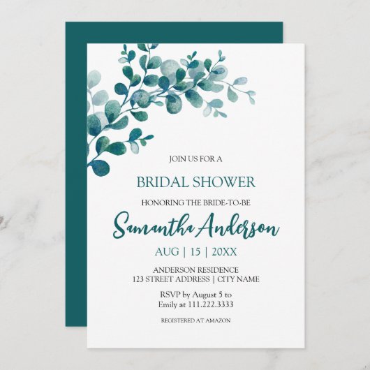 ユーカリ緑ミニマルブライダルシャワー 招待状 (正面/裏面)