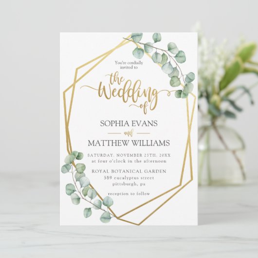 ユーカリ緑化幾何学金ゴールド結婚枠 招待状 (スタンド正面)