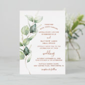 ユーカリ緑結婚の葉のバラ金ゴールド 箔招待状 (立ち正面)