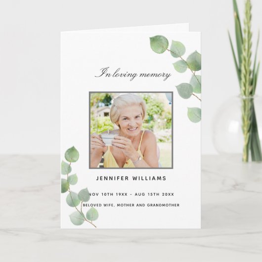 ユーカリ緑色写真葬エレガント用プログラム サンキューカード (正面)