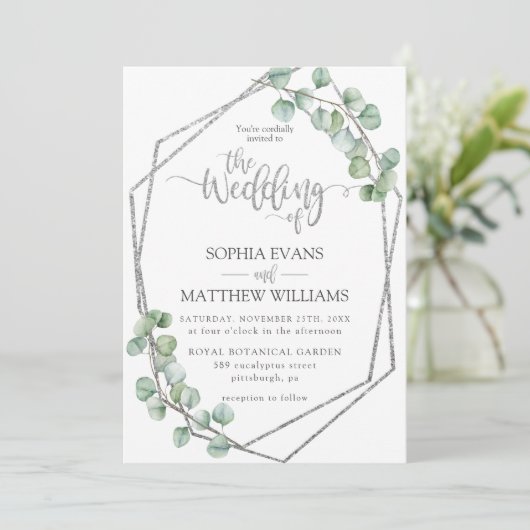 ユーカリ緑色幾何銀結婚枠 招待状 (スタンド正面)