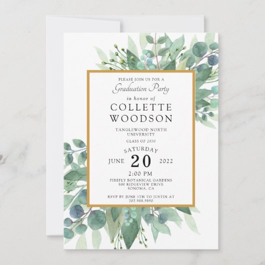 ユーカリ緑色水彩卒業 招待状 (正面)