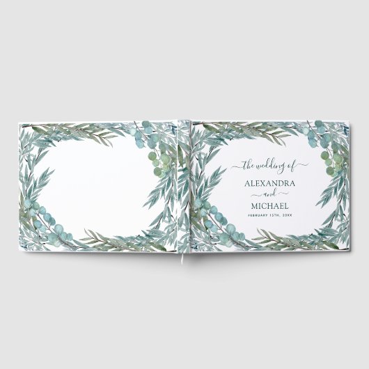 ユーカリ緑色水彩植物学結婚校 ゲストブック (全面)