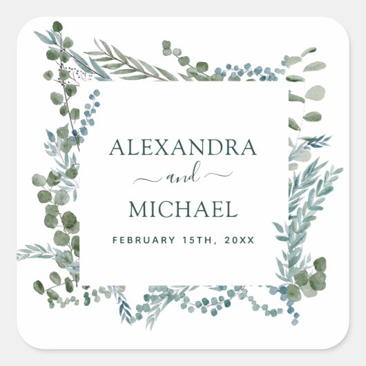 ユーカリ緑色水彩植物学結婚校 スクエアシール (正面)