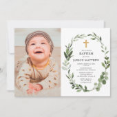 ユーカリ緑葉のシンプル洗礼写真 招待状 (正面)