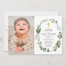 ユーカリ緑葉のシンプル洗礼写真 招待状