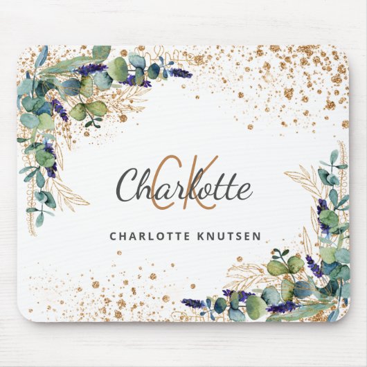 ユーカリ緑金ゴールドグリッターモノグラム名 マウスパッド (正面)